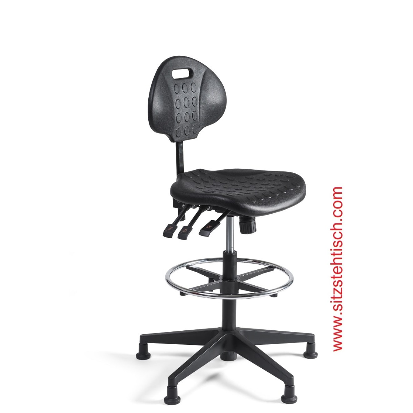 Arbeitsstuhl hoch - Rücken- und Sitzwinkelverstellung - Sitz- und Rücken aus PU Schaum schwarz - Fußkreuz Kunststoff mit Gleiter - 5 Jahre Garantie -100257