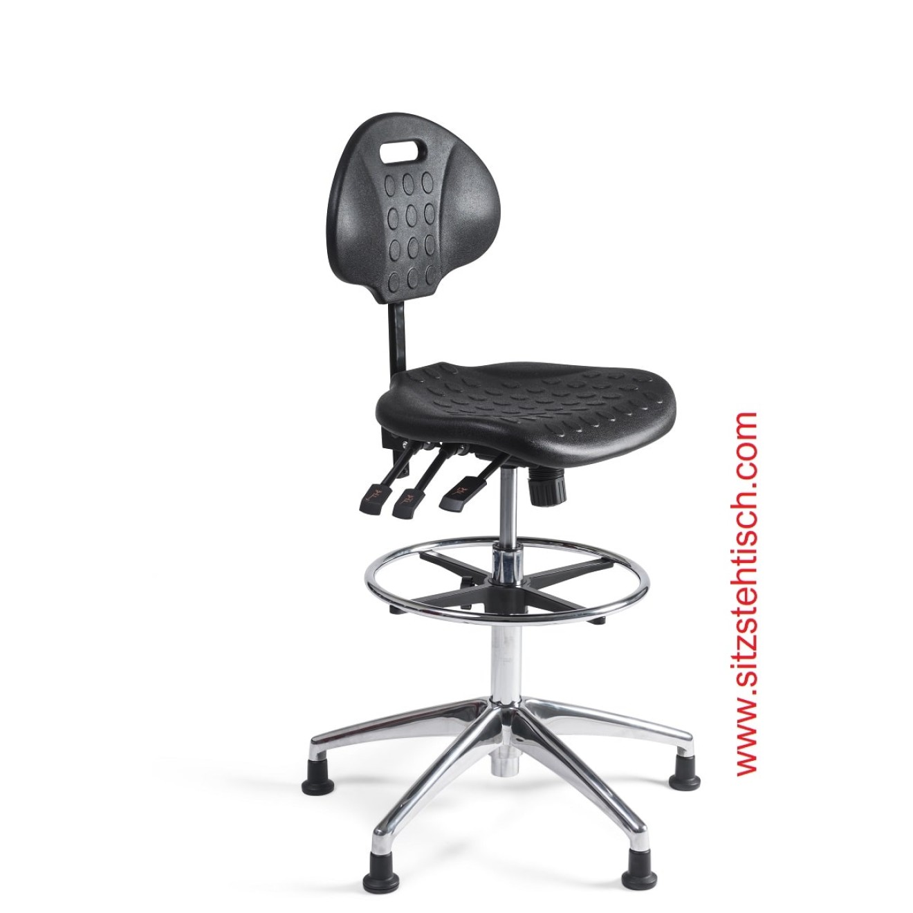 Arbeitsstuhl hoch - Rücken- und Sitzwinkelverstellung - Sitz- und Rücken aus PU Schaum schwarz - Fußkreuz Aluminium mit Gleiter - 5 Jahre Garantie -100344