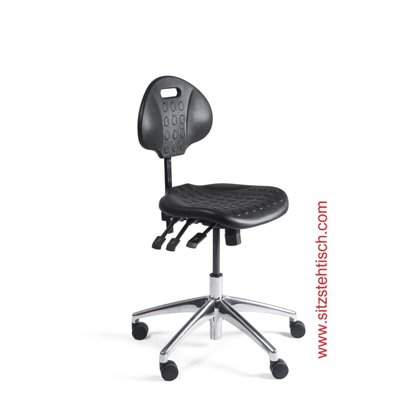 Arbeitsstuhl niedrig - Rücken- und Sitzwinkelverstellung - Sitz- und Rücken aus PU Schaum schwarz - Fußkreuz Aluminium mit Rollen - 5 Jahre Garantie -100280