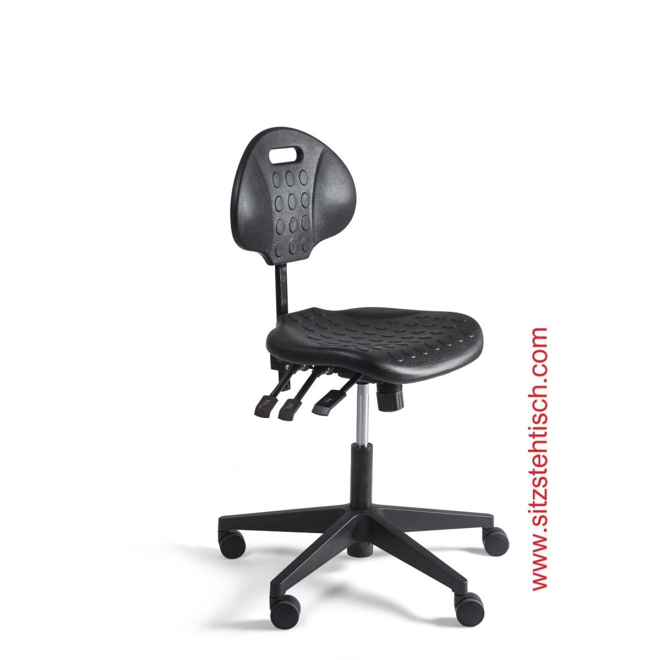 Arbeitsstuhl niedrig - Rücken- und Sitzwinkelverstellung - Sitz- und Rücken aus PU Schaum schwarz - Fußkreuz Kunststoff mit Rollen - 5 Jahre Garantie -100281