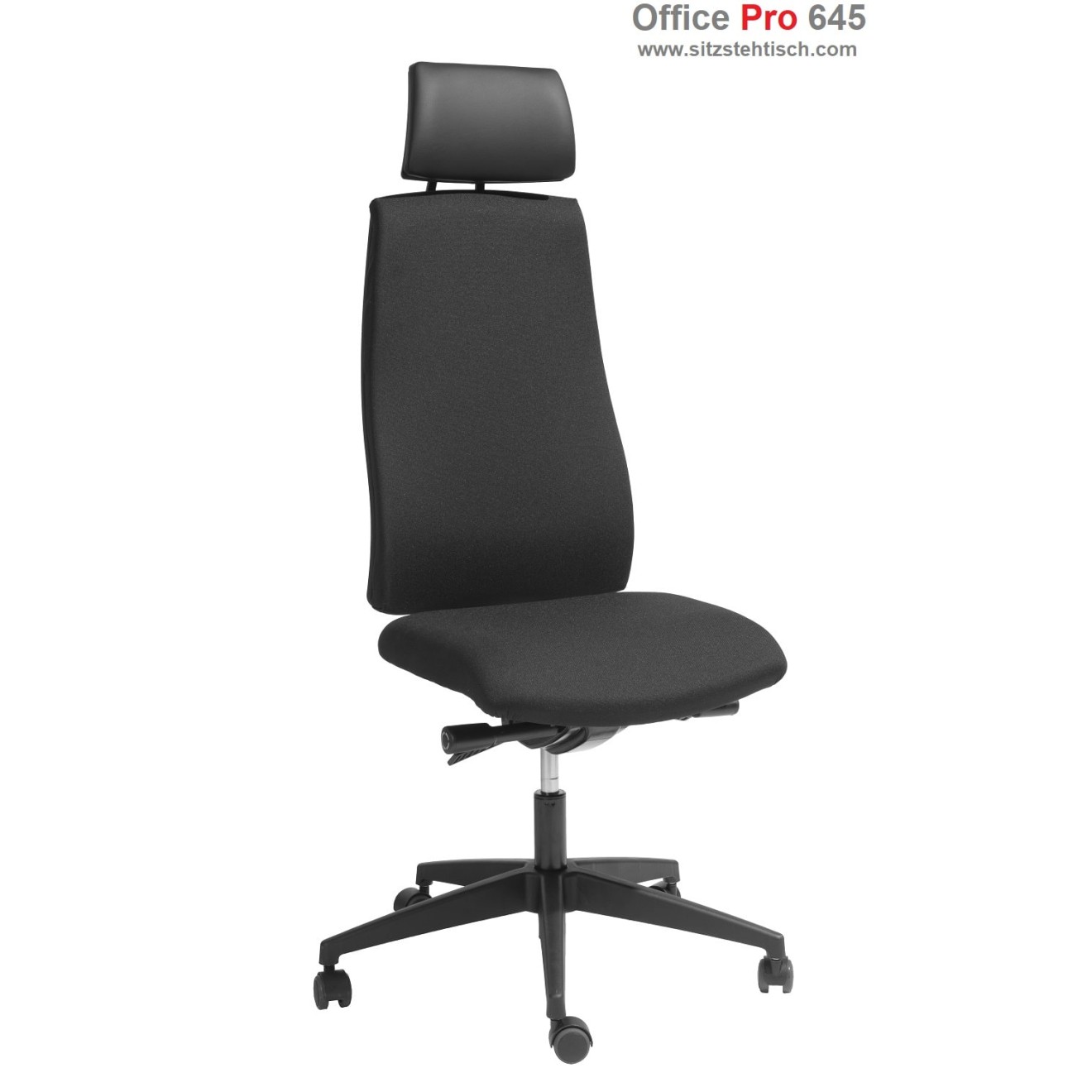 Bürodrehstuhl "Office Pro 645" Synchronmechanik mit individueller Gewichtseinstellung, Sitztiefenverstellung, Sitzneigeverstellung, hohe Rückenlehne, Stoffbezug Schwarz, Belastbar bis 120 kg - Garantie 5 Jahre