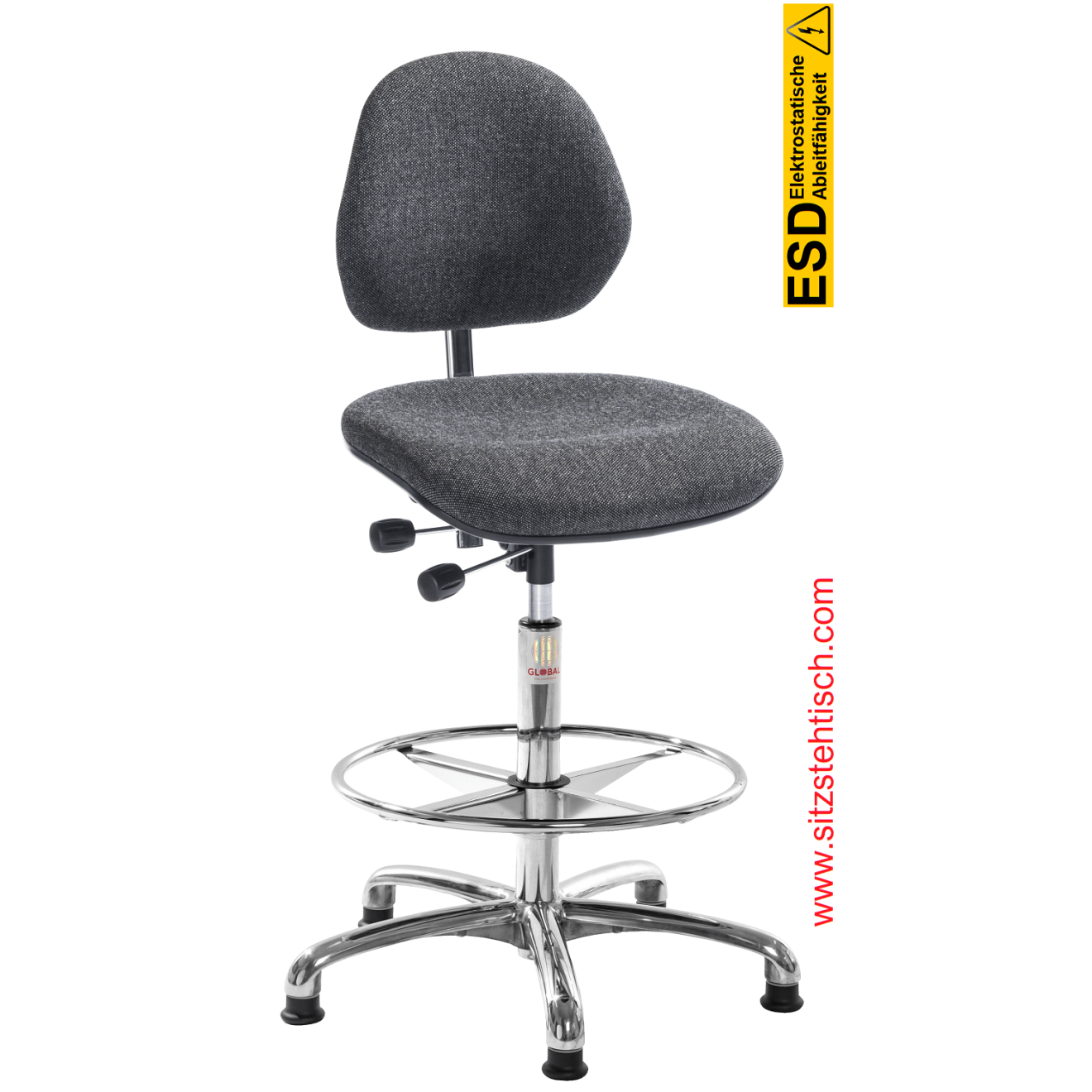 ESD-Drehstuhl "Aktiv ESD" - Fussring - Sitz und Rückenlehne sind mit einem speziellen Stoff bezogen, Neigung Sitz und Rückenlehne stufenlos verstellbar, Fußkreuz aus Aluminium, elektrisch leitfähige Gleiter Ø 50 mm - 5 Jahre Garantie