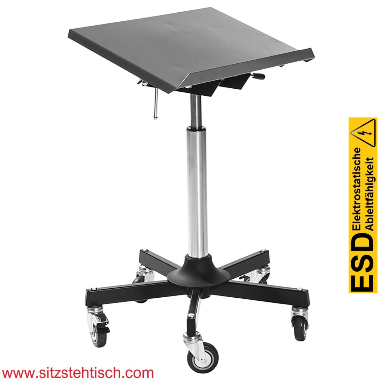 ESD Arbeitstisch - Montagetisch - Mini - Tischplatte 500 x 350 mm - Neigungswinkel Tischplatte 0° - 40° Grad verstellbar - Höhenverstellung von 680 - 940 mm - 5 elektrisch leitfähige Lenkrollen Ø 75 mm mit Bremsen - 5 Jahre Garantie