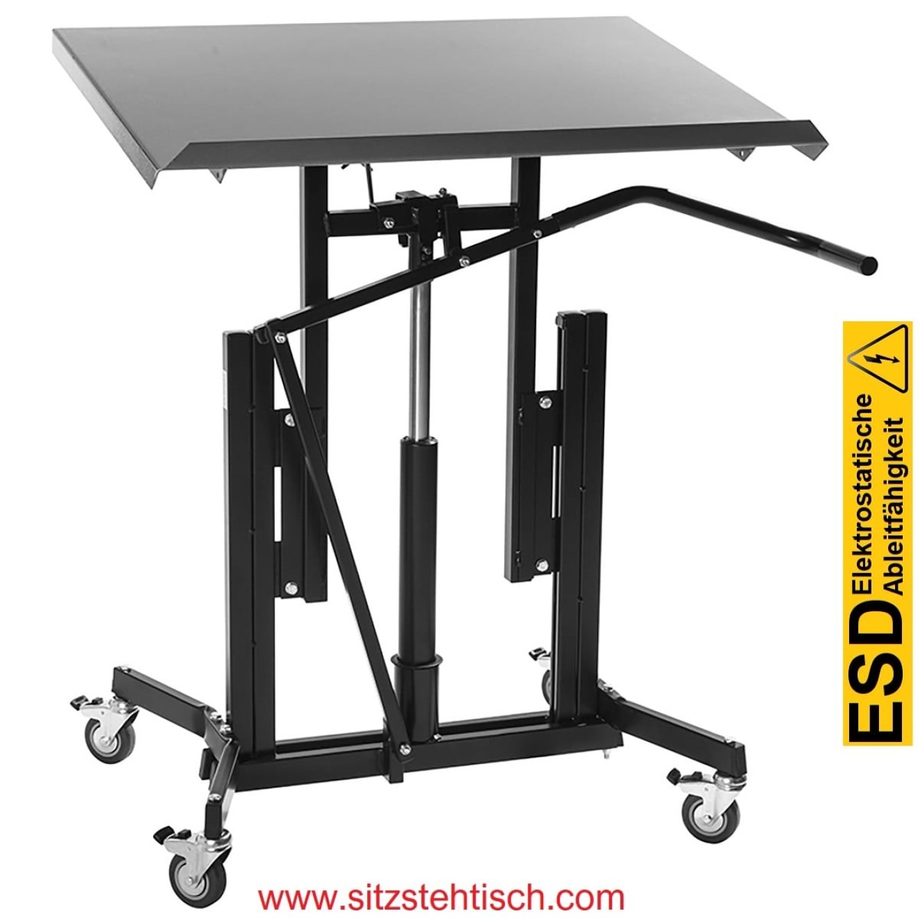 ESD Arbeitstisch - Montagetisch - Midi - Tischplatte 800 x 600 mm - Neigungswinkel Tischplatte 0°- 30° Grad verstellbar - Höhenverstellung von 730 - 980 mm - 4 elektrisch leitfähige Lenkrollen Ø 75 mm mit Bremsen - 5 Jahre Garantie