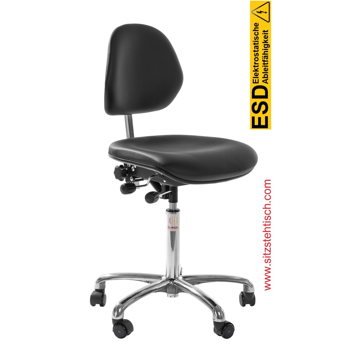 ESD-Drehstuhl "Aktiv ESD" - Sitz und Rückenlehne sind mit Kunstleder bezogen, Neigung Sitz und Rückenlehne stufenlos verstellbar, Fußkreuz aus Aluminium, elektrisch leitfähige Rollen Ø 50 mm - 5 Jahre Garantie