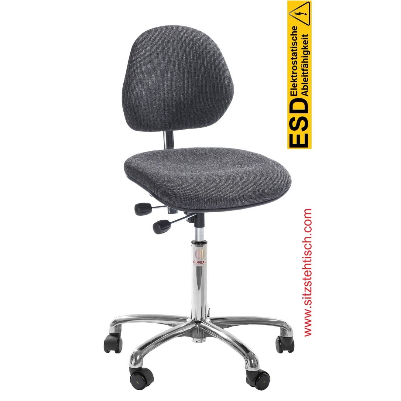ESD-Drehstuhl "Aktiv ESD" - Sitz und Rückenlehne sind mit einem speziellen Stoff bezogen, Neigung Sitz und Rückenlehne stufenlos verstellbar, Fußkreuz aus Aluminium, elektrisch leitfähige Rollen Ø 50 mm - 5 Jahre Garantie