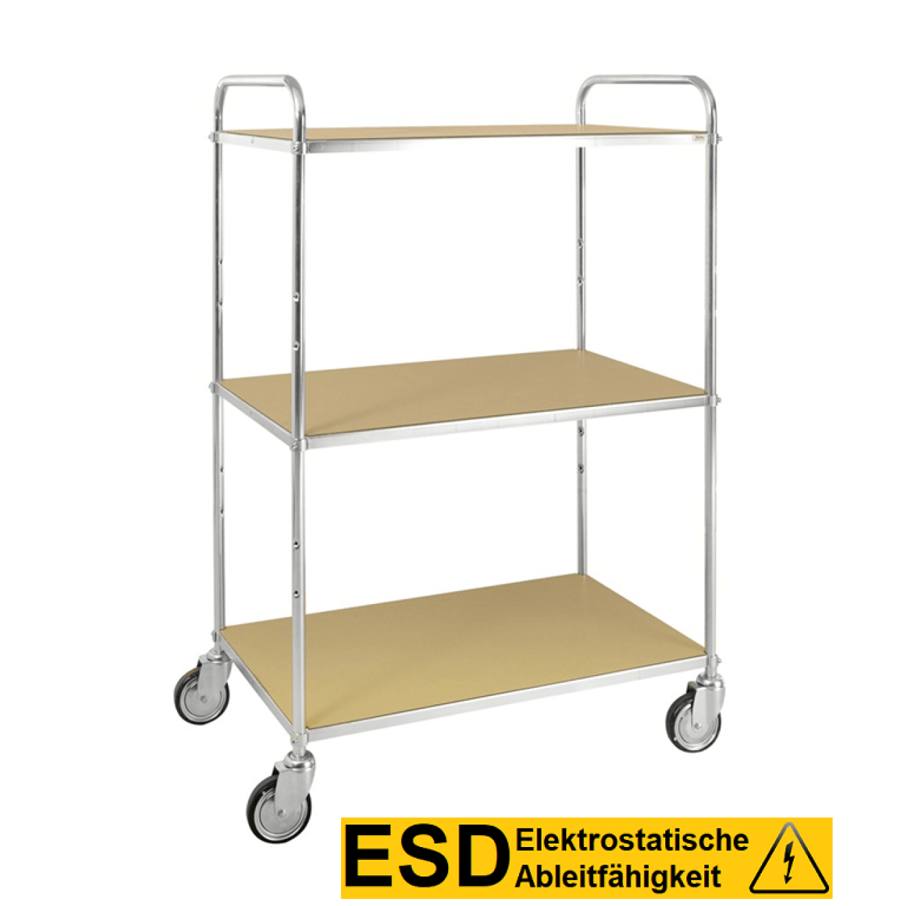 ESD Etagenwagen - Elektrolytisch verzinkt - 3 Etagen 980 x 585 mm - 4 Drehgestellrollen Ø 125 mm ohne / mit Bremsen - Tragfähigkeit: 250 kg - KM4123-ESD - Kongamek