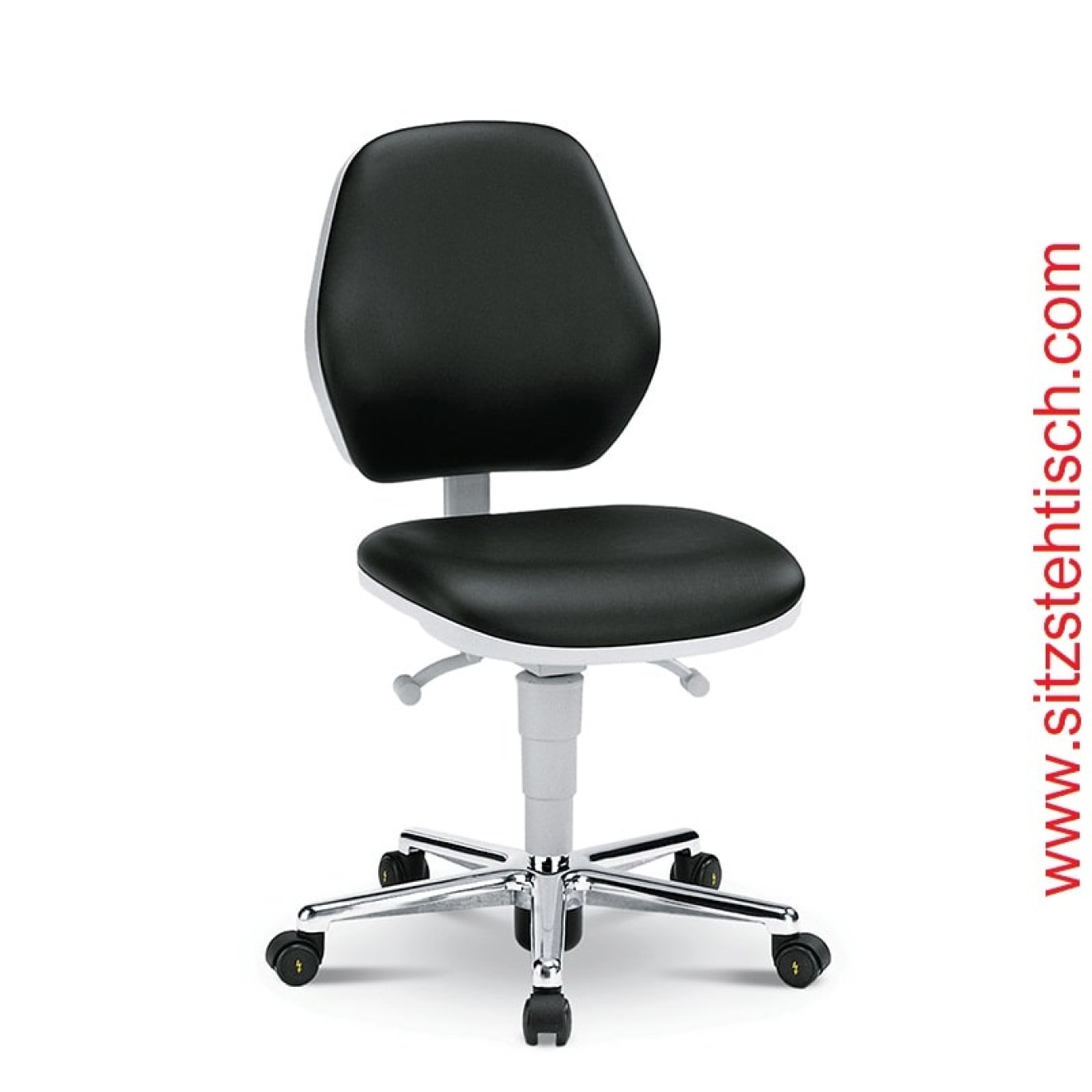 ESD-Reinraumdrehstuhl - Sitz und Rückenlehne sind mit Kunstleder schwarz bezogen, Desinfektionsmittelbeständig, Fußkreuz aus Aluminium, elektrisch leitfähige Rollen Ø 50 mm - 5 Jahre Garantie