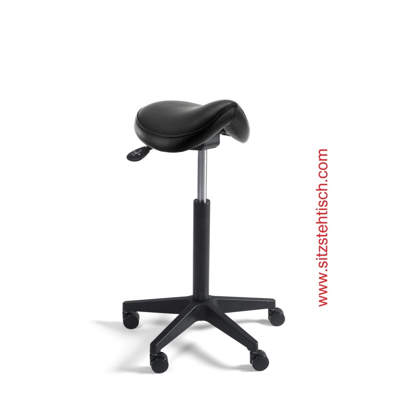 Sattelhocker Comfort mit normalen Sitz - Sitzhöhen- und Sitzwinkelverstellung - Bezug Kunstleder schwarz - Belastbarkeit bis 125 kg - 5 Jahre Garantie - 107232
