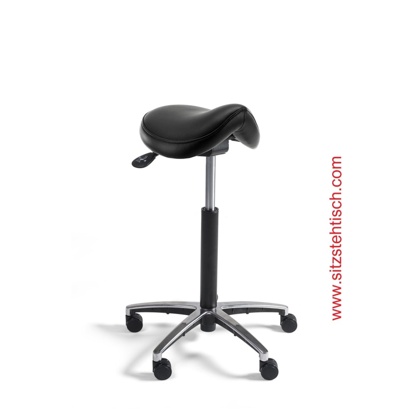 Sattelhocker Comfort mit normalen Sitz - Sitzhöhen- und Sitzwinkelverstellung - Bezug Kunstleder schwarz - Belastbarkeit bis 125 kg - 5 Jahre Garantie - 107233