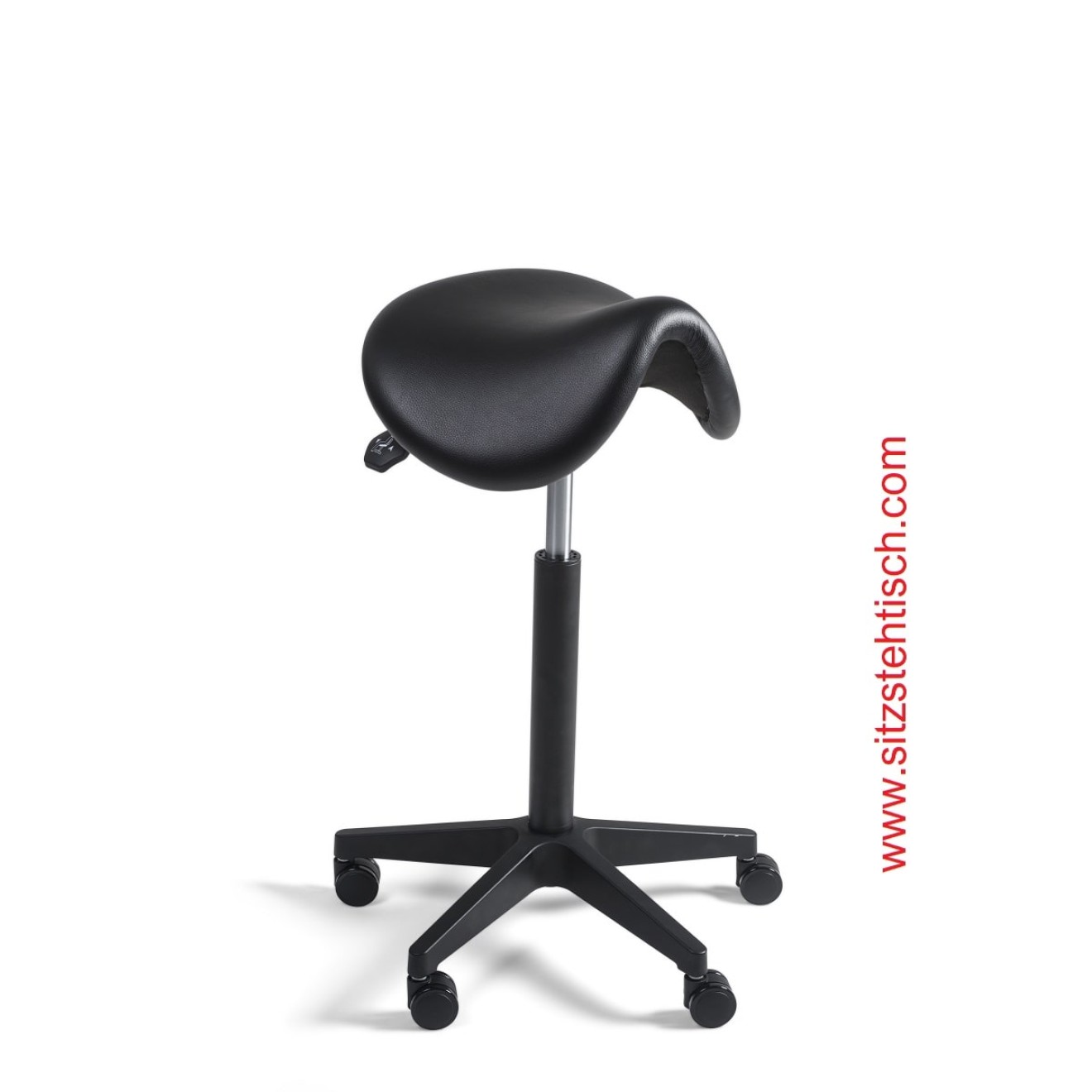 Sattelhocker mit normalen Sitz - Sitzhöhen- und Sitzwinkelverstellung - Bezug Kunstleder schwarz - Belastbarkeit bis 125 kg - 5 Jahre Garantie - 101272