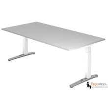 Schreibtisch manuell höheneinstellbar 65–85 cm mit Tischplatte 200 x 100 cm in Grau - Tischgestell in Weiß / Alu poliert - VXB2E - Hammerbacher